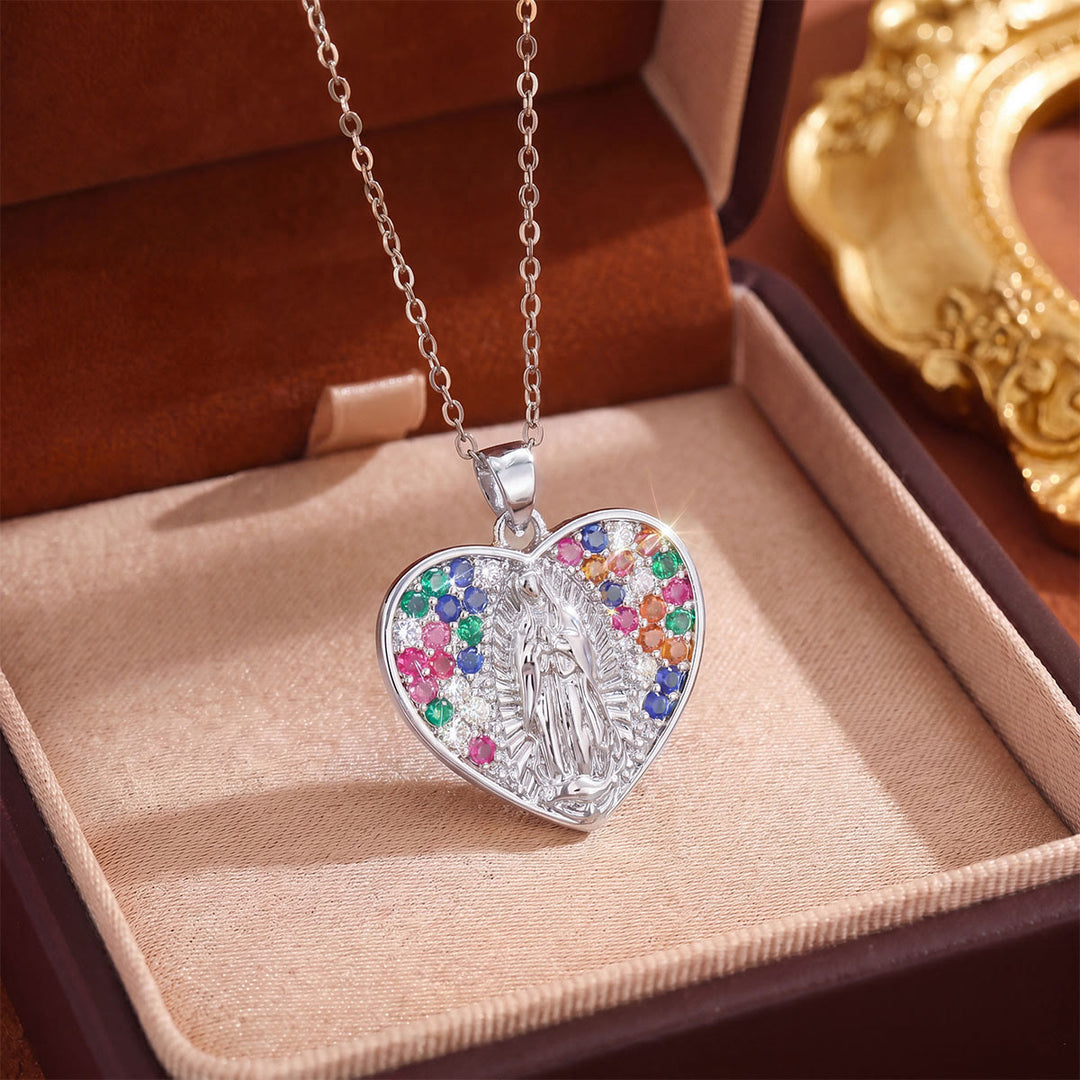 Christianartworkshop Crystal Halo Holy Maiden Medallion Necklace: Emblem of Gentle Heavenly Protectione - Silver - Colorful Heart - image 17