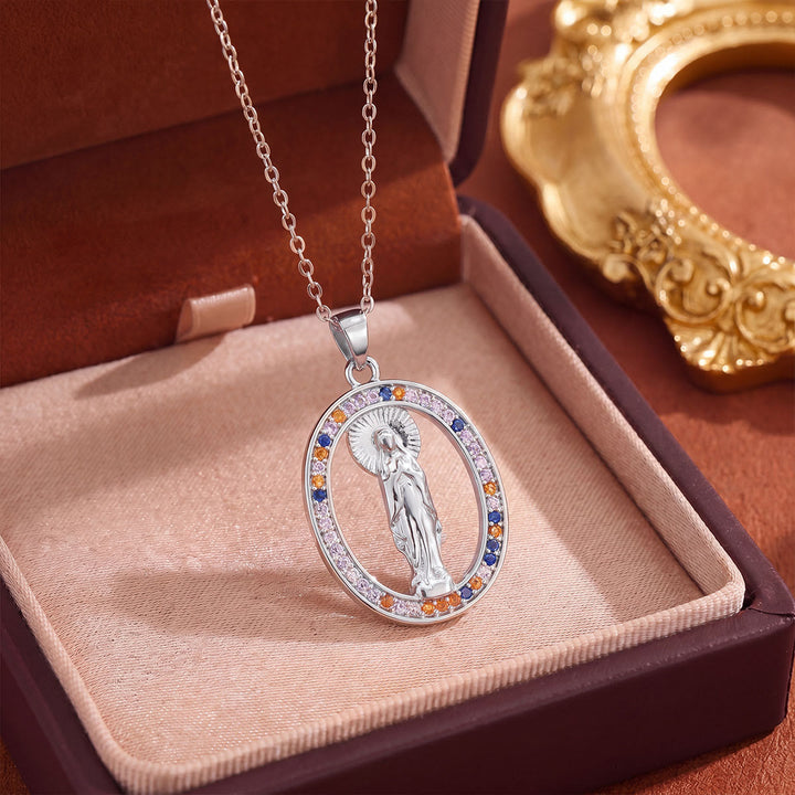 Christianartworkshop Crystal Halo Holy Maiden Medallion Necklace: Emblem of Gentle Heavenly Protectione - Silver - Colorful oval - image 24