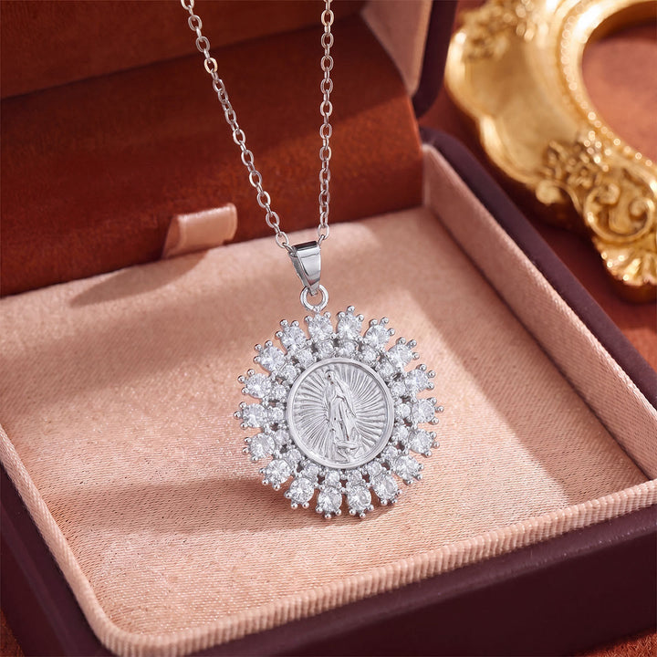Christianartworkshop Crystal Halo Holy Maiden Medallion Necklace: Emblem of Gentle Heavenly Protectione - Silver - Sunflower Solid Round - image 22