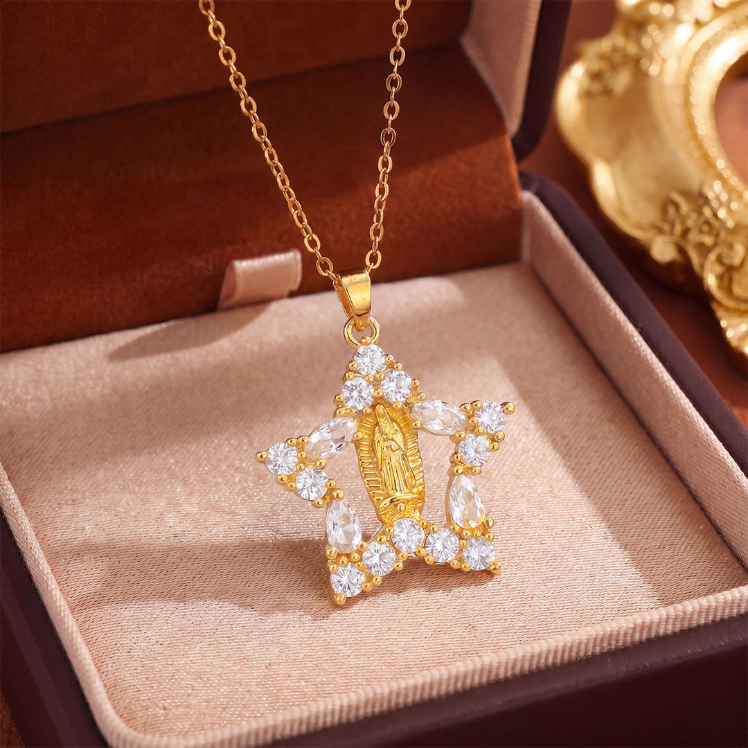 Christianartworkshop Crystal Halo Holy Maiden Medallion Necklace: Emblem of Gentle Heavenly Protectione - Golden - Star - image 15