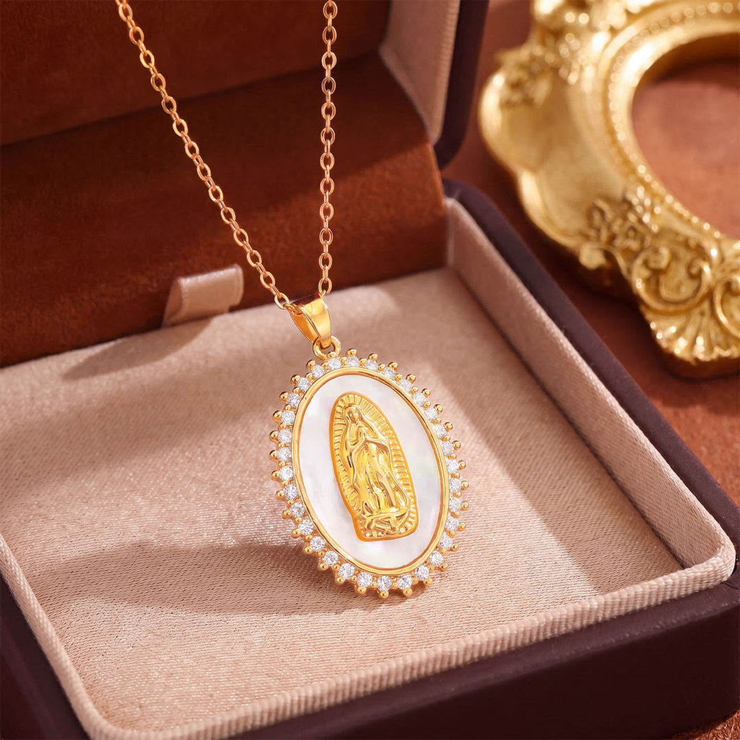 Christianartworkshop Crystal Halo Holy Maiden Medallion Necklace: Emblem of Gentle Heavenly Protectione - Golden - Single-Layer Oval Shell - image 20