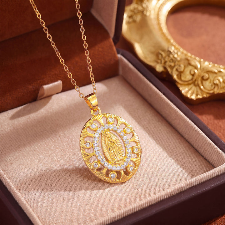 Christianartworkshop Crystal Halo Holy Maiden Medallion Necklace: Emblem of Gentle Heavenly Protectione - Golden - Floral Layer Openwork Oval - image 8
