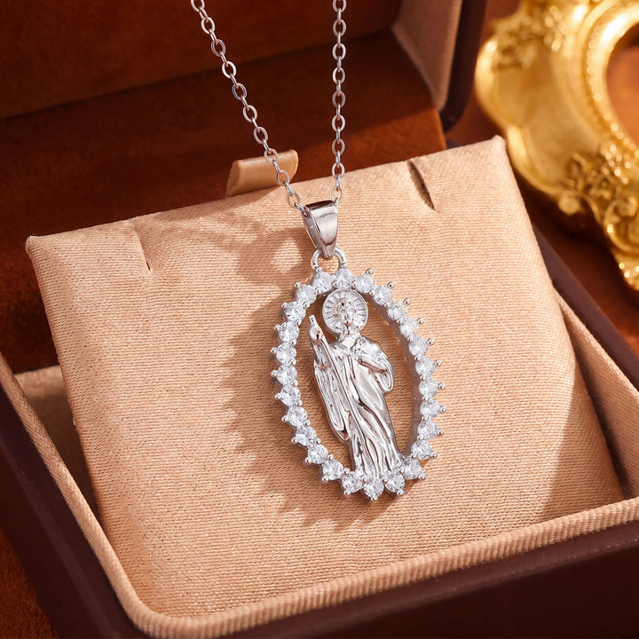 Christianartworkshop Crystal Halo Holy Maiden Medallion Necklace: Emblem of Gentle Heavenly Protectione - Silver - Single Ring Openwork Oval - image 14