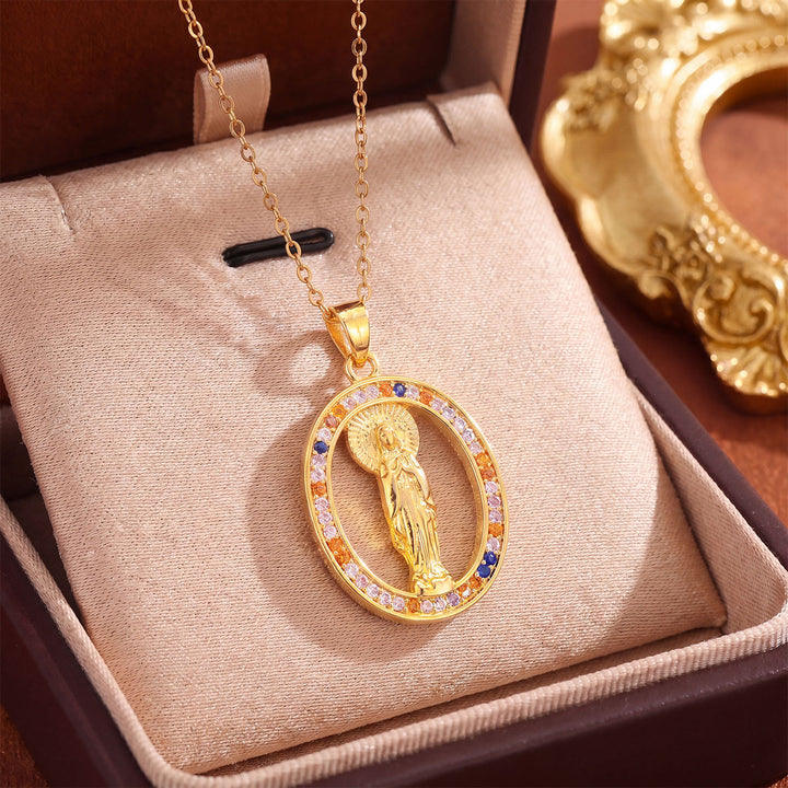 Christianartworkshop Crystal Halo Holy Maiden Medallion Necklace: Emblem of Gentle Heavenly Protectione - Golden - Colorful oval - image 23