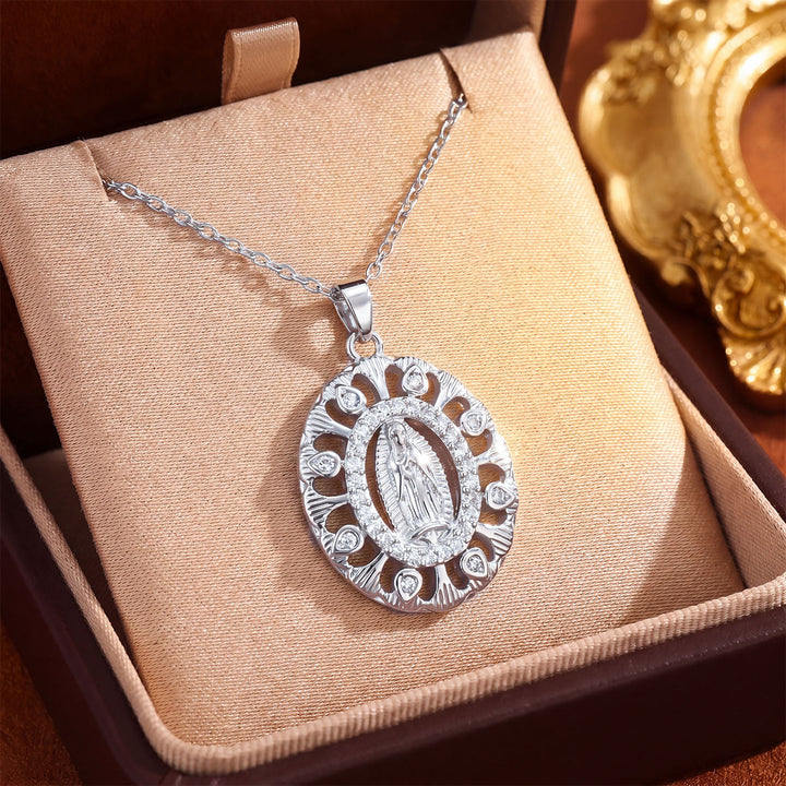 Christianartworkshop Crystal Halo Holy Maiden Medallion Necklace: Emblem of Gentle Heavenly Protectione - Silver - Floral Layer Openwork Oval - image 9
