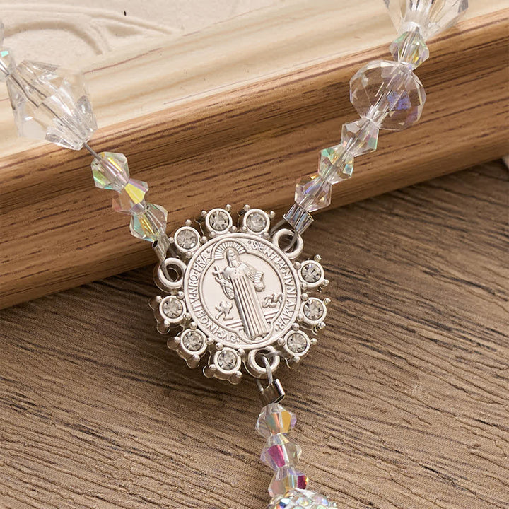 Christianartworkshop Clear Faceted Glass St.Benedict Rosary With Rhinestone Ornate Crucifix: Emblem of Radiant Heavenly Purity - image 5