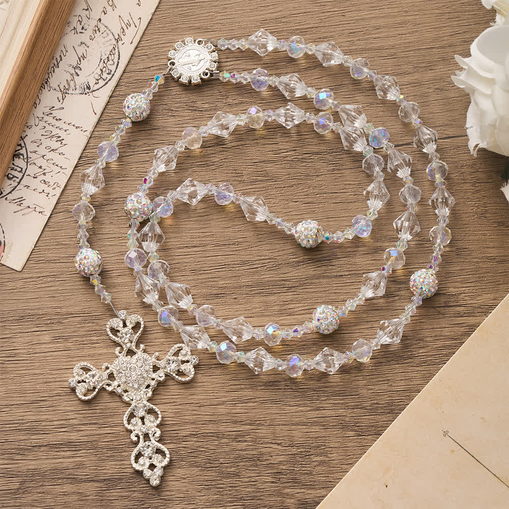 Christianartworkshop Clear Faceted Glass St.Benedict Rosary With Rhinestone Ornate Crucifix: Emblem of Radiant Heavenly Purity - image 2