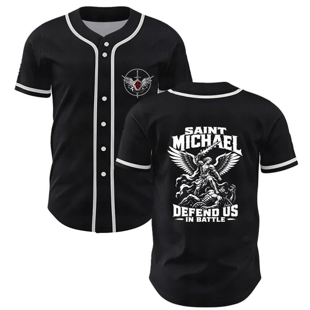 Christianartworkshop Saint Michael Defend Us In Battle Baseball Jersey - Black - 5XL - image 0