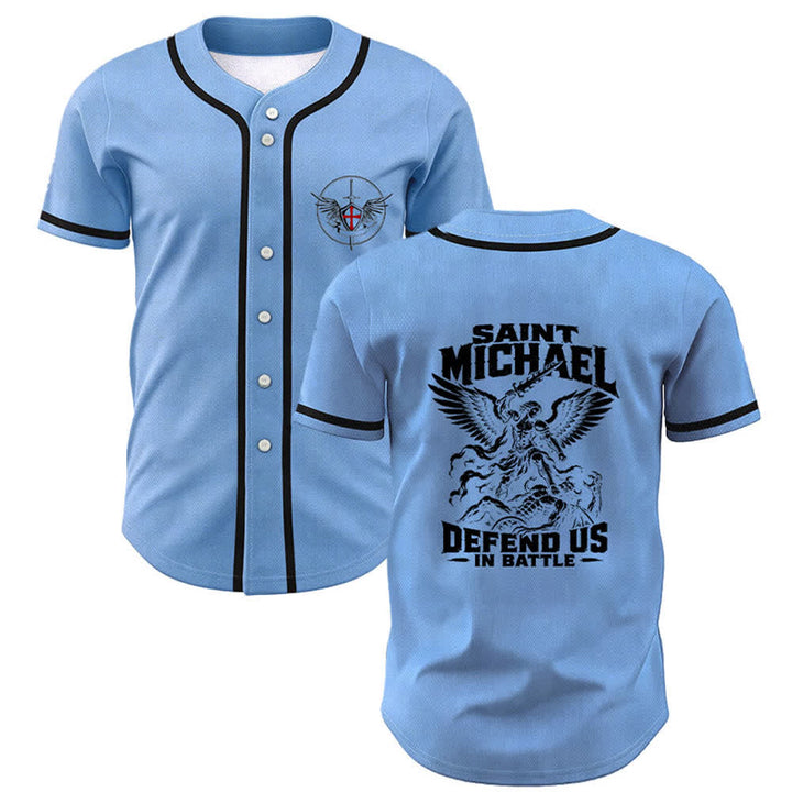 Christianartworkshop Saint Michael Defend Us In Battle Baseball Jersey - Blue - 5XL - image 28
