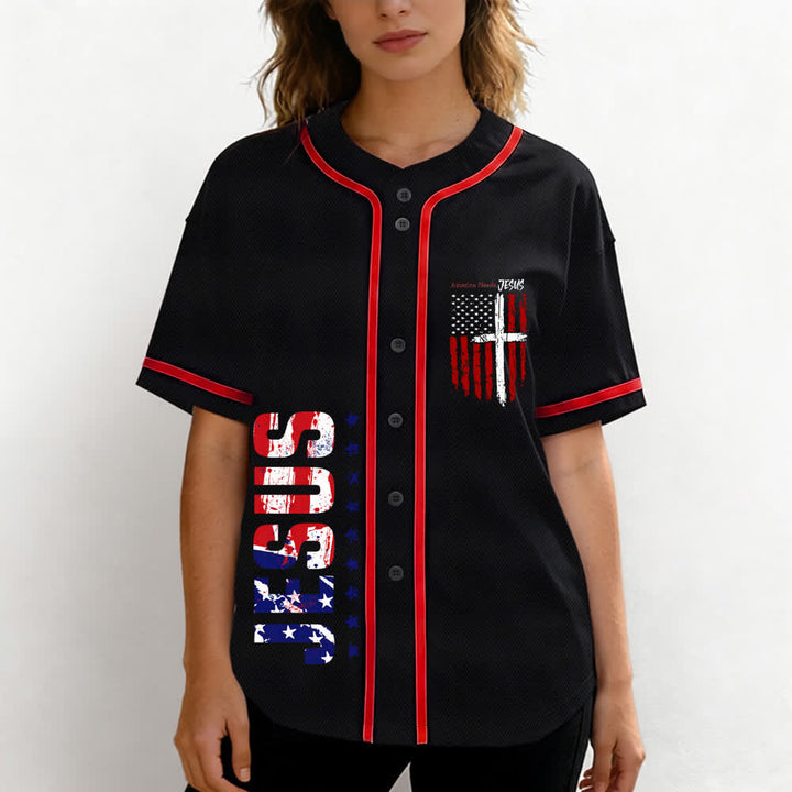 Christianartworkshop America Needs Jesus Distressed Flag Button Up Baseball Jersey - image 18