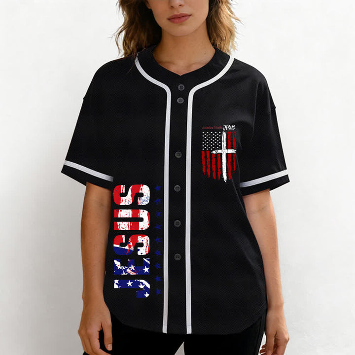 Christianartworkshop America Needs Jesus Distressed Flag Button Up Baseball Jersey - image 11