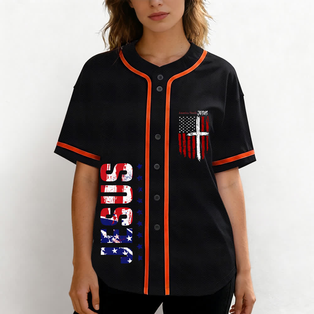 Christianartworkshop America Needs Jesus Distressed Flag Button Up Baseball Jersey - image 25