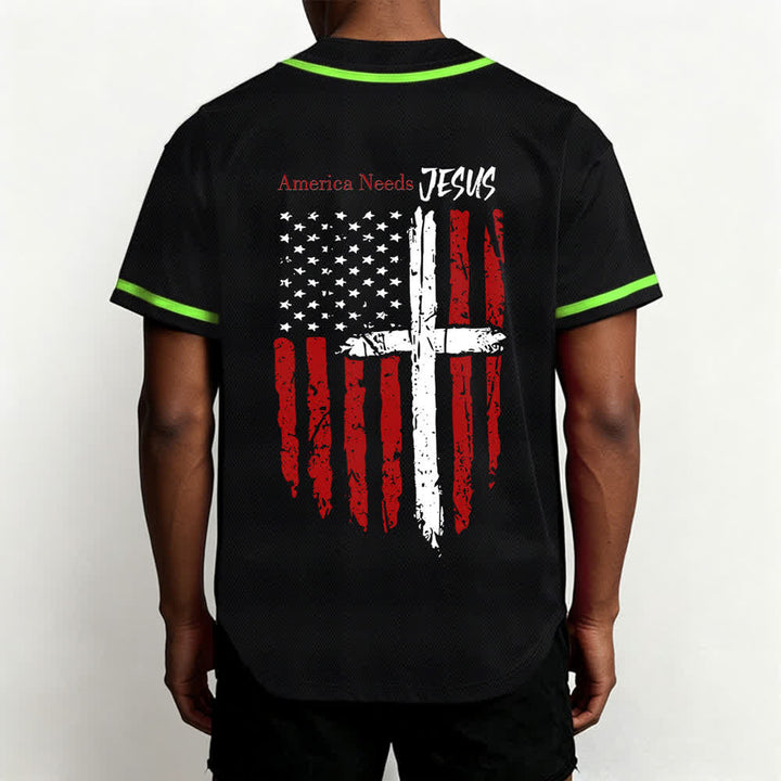 Christianartworkshop America Needs Jesus Distressed Flag Button Up Baseball Jersey - image 40
