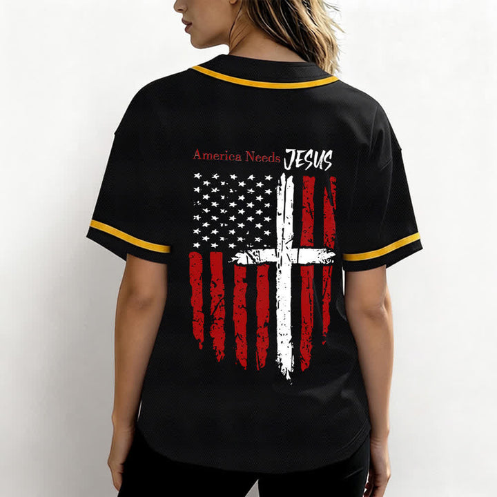 Christianartworkshop America Needs Jesus Distressed Flag Button Up Baseball Jersey - image 3