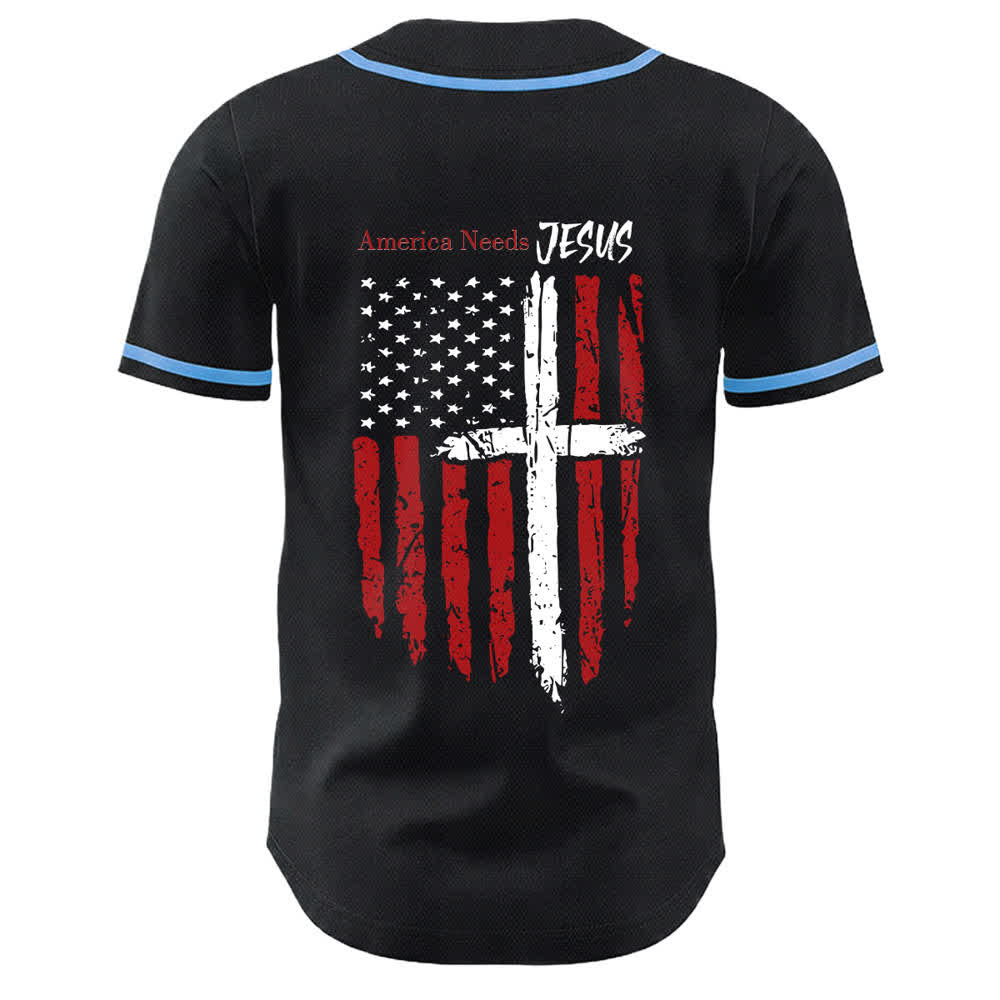Christianartworkshop America Needs Jesus Distressed Flag Button Up Baseball Jersey - image 29