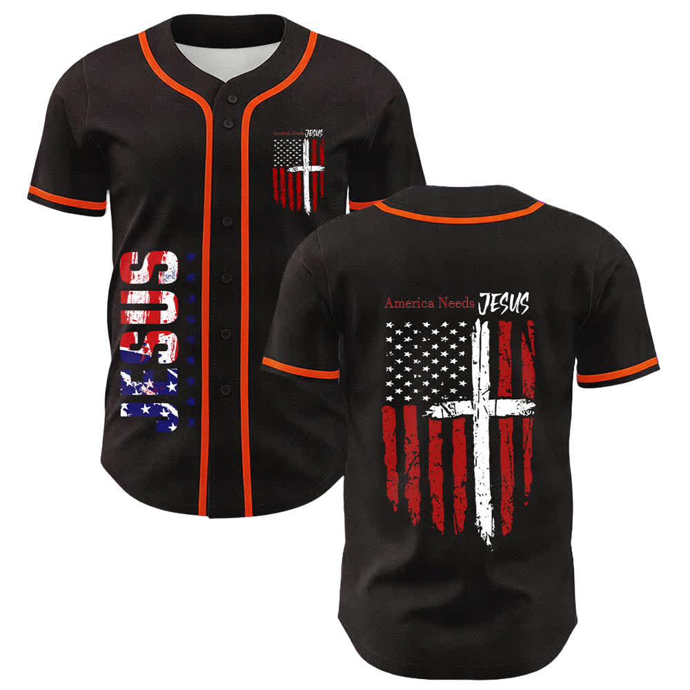Christianartworkshop America Needs Jesus Distressed Flag Button Up Baseball Jersey - Orange - 5XL - image 21