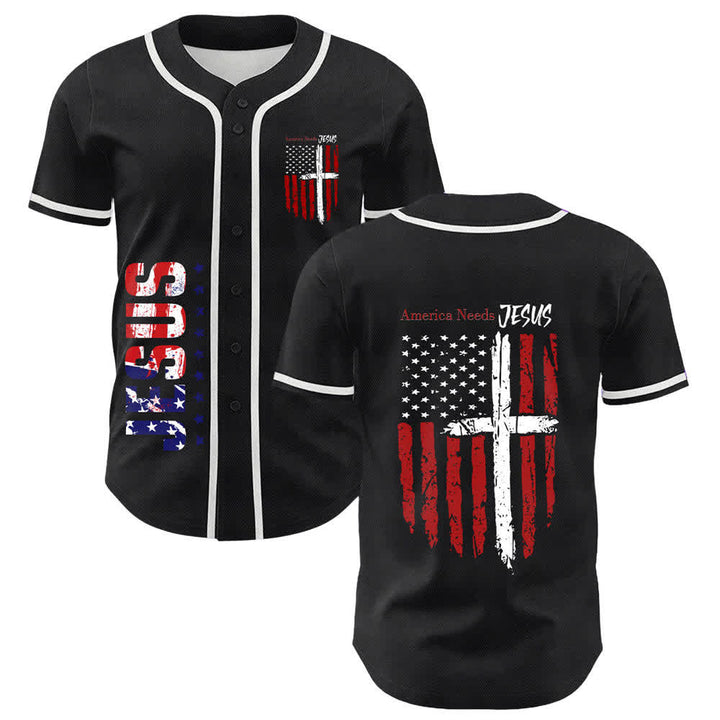 Christianartworkshop America Needs Jesus Distressed Flag Button Up Baseball Jersey - Purple - 5XL - image 7