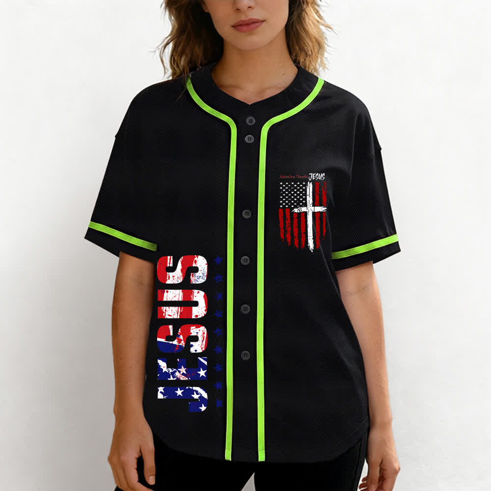 Christianartworkshop America Needs Jesus Distressed Flag Button Up Baseball Jersey - image 39