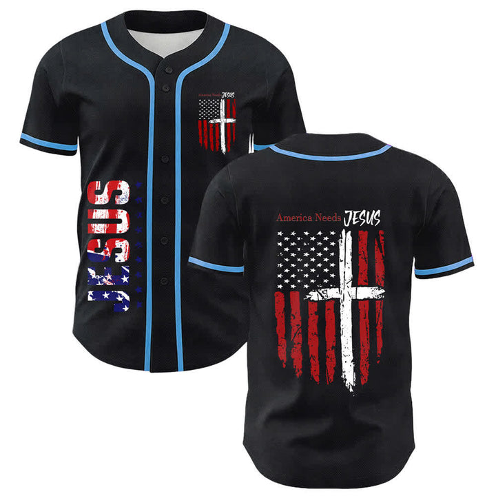 Christianartworkshop America Needs Jesus Distressed Flag Button Up Baseball Jersey - Sky Blue - 5XL - image 28