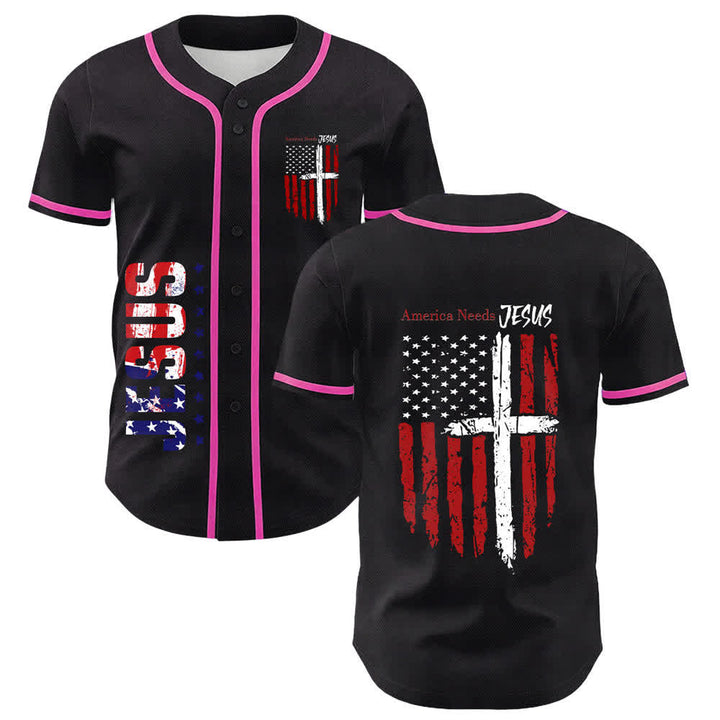 Christianartworkshop America Needs Jesus Distressed Flag Button Up Baseball Jersey - Pink - 5XL - image 49