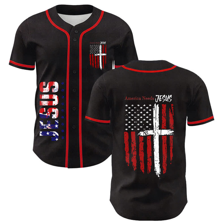 Christianartworkshop America Needs Jesus Distressed Flag Button Up Baseball Jersey - Red - 5XL - image 14