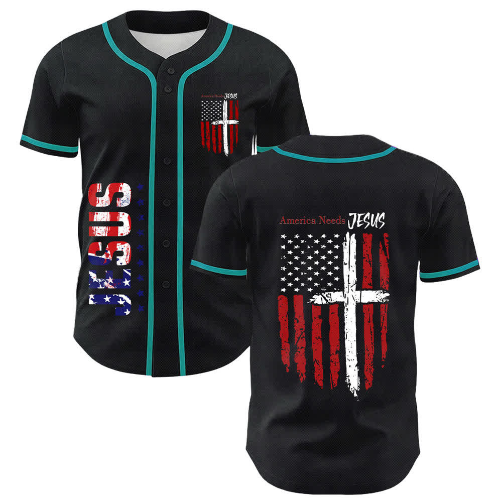 Christianartworkshop America Needs Jesus Distressed Flag Button Up Baseball Jersey - Lake Blue - 5XL - image 42