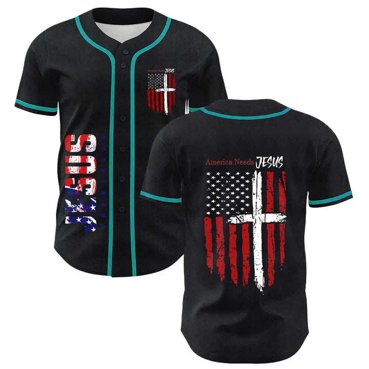 Christianartworkshop America Needs Jesus Distressed Flag Button Up Baseball Jersey - Lake Blue - 5XL - image 42