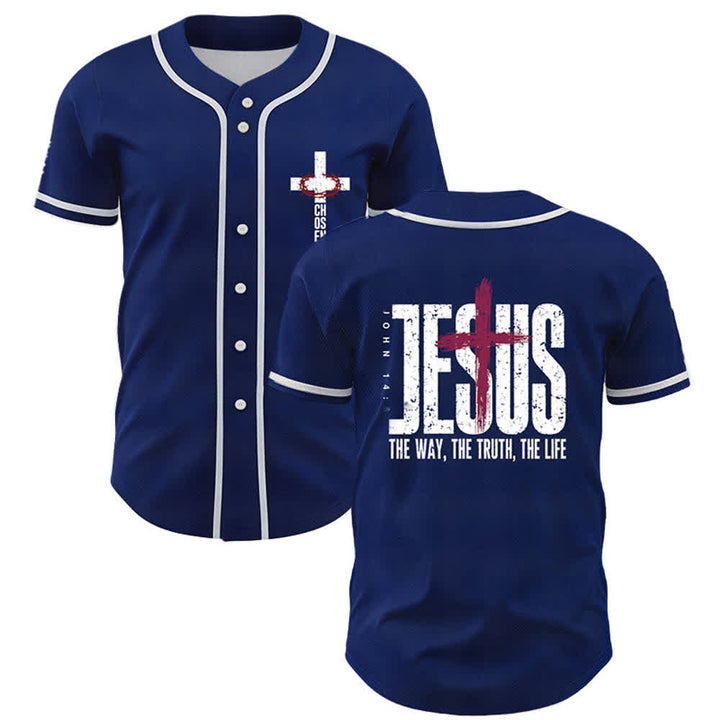 Christianartworkshop Jesus Cross Mesh Button Up Baseball Jersey - Navy - 5XL - image 35
