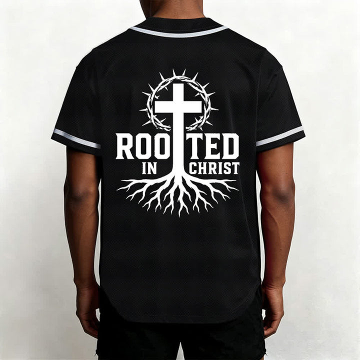 Christianartworkshop Rooted In Christ Black Button Up Baseball Jersey - image 5