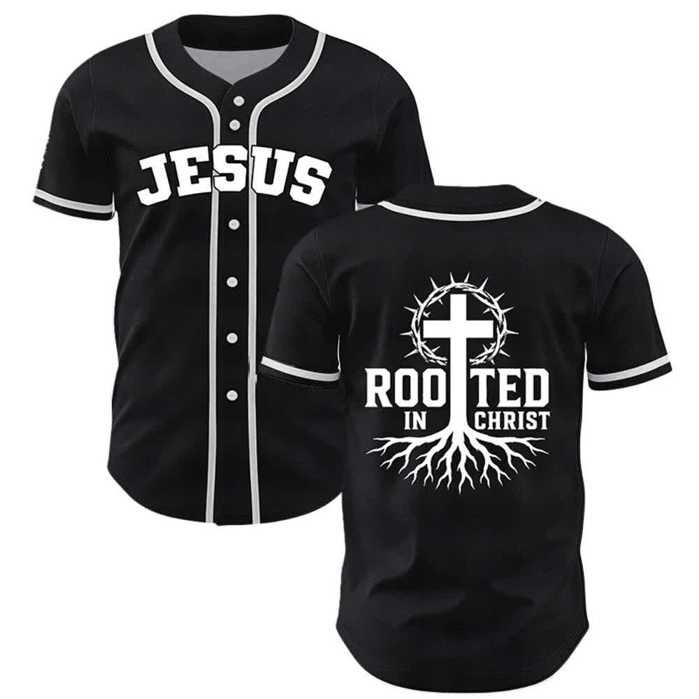Christianartworkshop Rooted In Christ Black Button Up Baseball Jersey - Black - 5XL - image 0