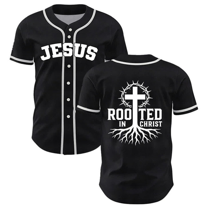 Christianartworkshop Rooted In Christ Black Button Up Baseball Jersey - Black - 5XL - image 0