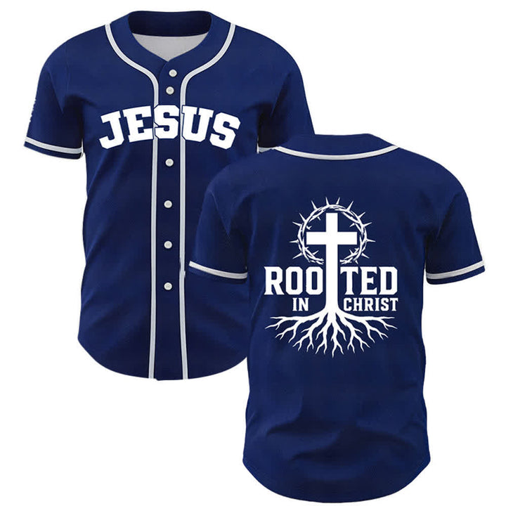 Christianartworkshop Rooted In Christ Black Button Up Baseball Jersey - Navy - 5XL - image 49