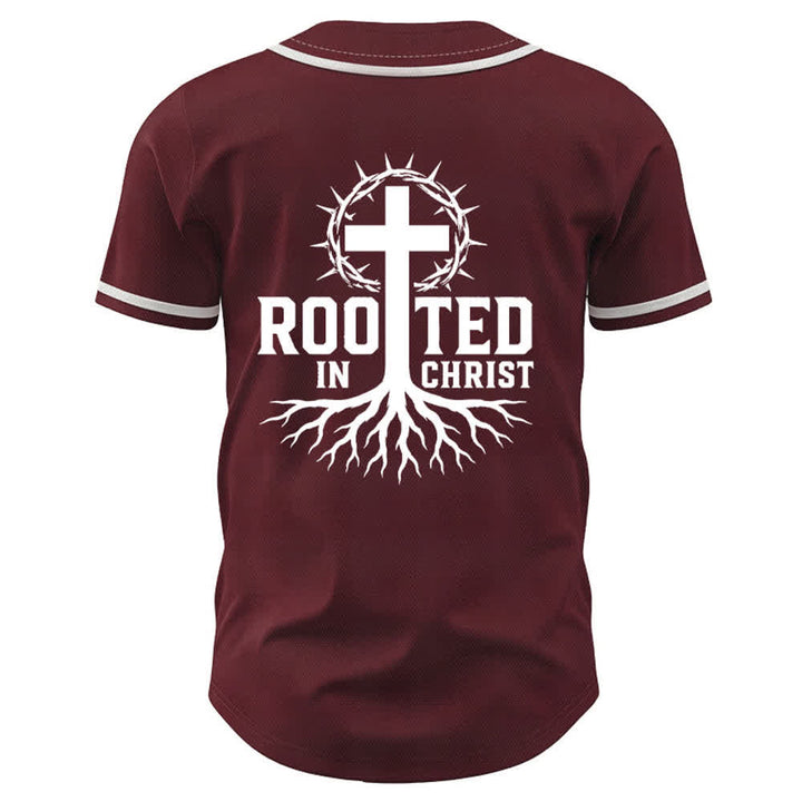 Christianartworkshop Rooted In Christ Black Button Up Baseball Jersey - image 15