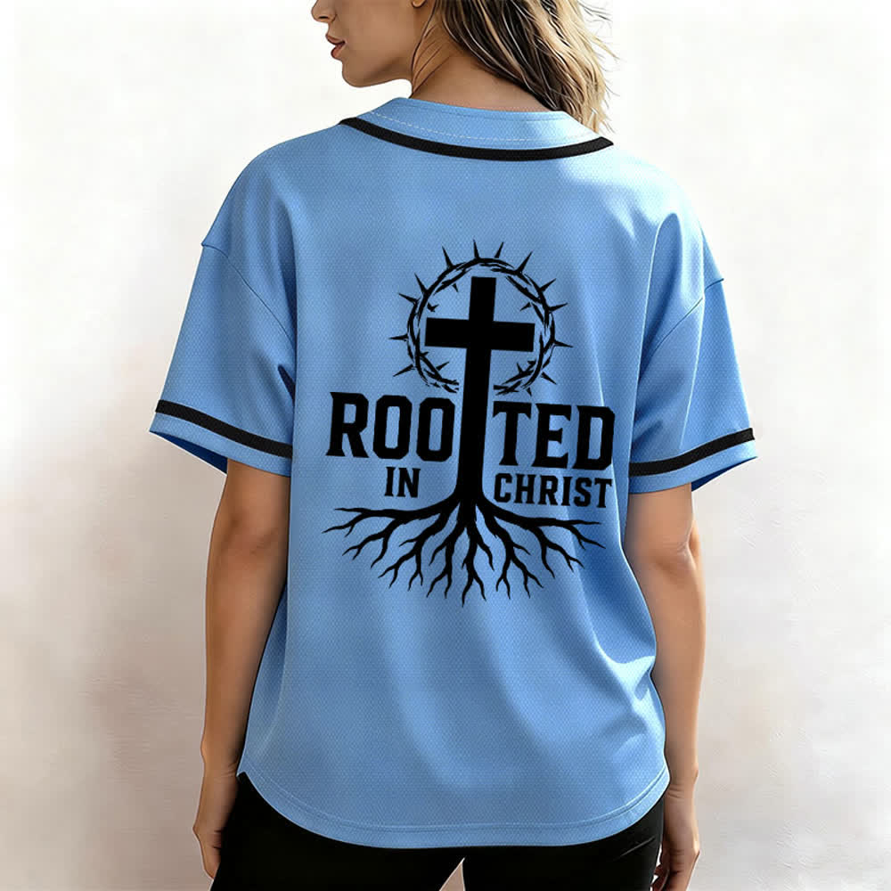 Christianartworkshop Rooted In Christ Black Button Up Baseball Jersey - image 45
