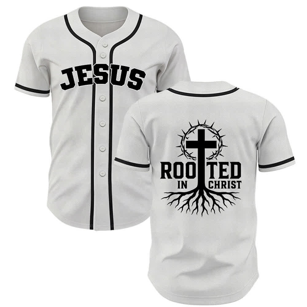 Christianartworkshop Rooted In Christ Black Button Up Baseball Jersey - White - 5XL - image 21