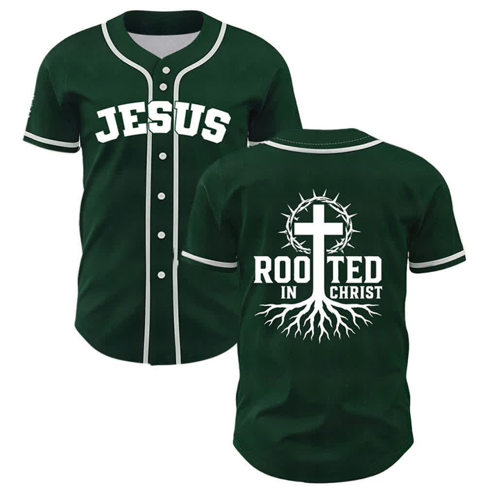 Christianartworkshop Rooted In Christ Black Button Up Baseball Jersey - Green - 5XL - image 28