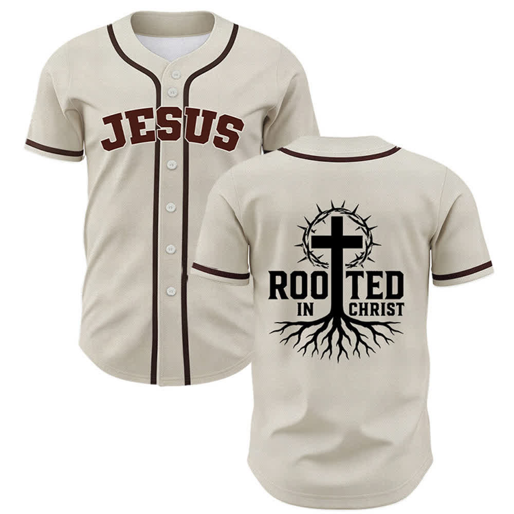 Christianartworkshop Rooted In Christ Black Button Up Baseball Jersey - Beige - 5XL - image 7