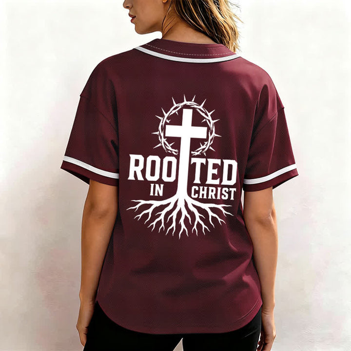 Christianartworkshop Rooted In Christ Black Button Up Baseball Jersey - image 17