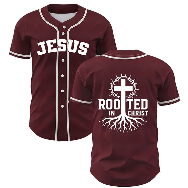 Christianartworkshop Rooted In Christ Black Button Up Baseball Jersey - Wine - 5XL - image 14