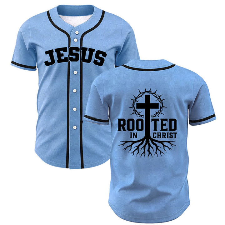 Christianartworkshop Rooted In Christ Black Button Up Baseball Jersey - Blue - 5XL - image 42