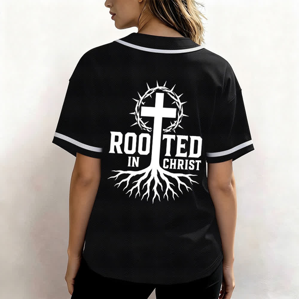 Christianartworkshop Rooted In Christ Black Button Up Baseball Jersey - image 3