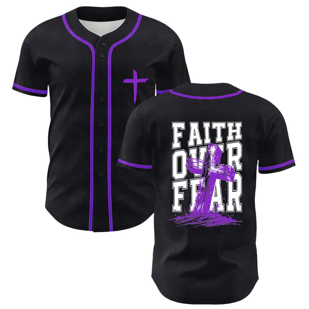 Christianartworkshop Faith Over Fear Cross Contrast Trim Baseball Jersey - Purple - 5XL - image 49