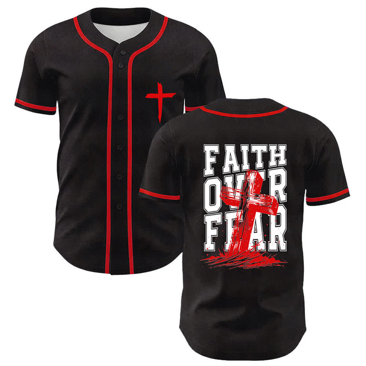 Christianartworkshop Faith Over Fear Cross Contrast Trim Baseball Jersey - Red - 5XL - image 21