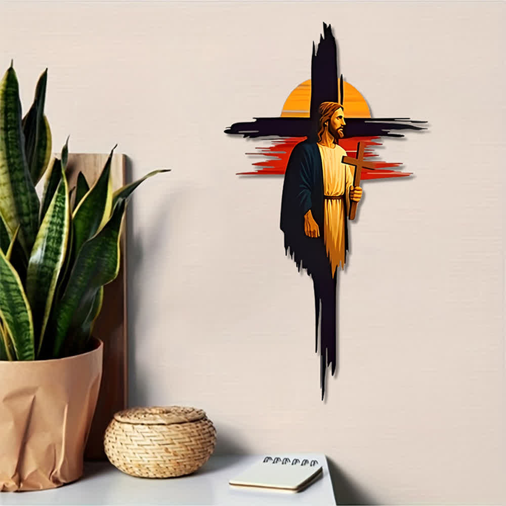 Christianartworkshop Brushstroke Cross Jesus Sunset Landscape Metal Wall Decor: Timeless Emblem of Sacred Redemptive Grace - image 1