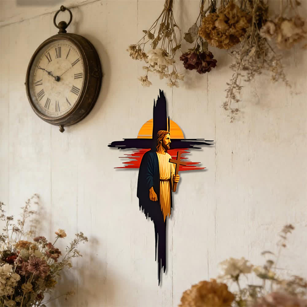 Christianartworkshop Brushstroke Cross Jesus Sunset Landscape Metal Wall Decor: Timeless Emblem of Sacred Redemptive Grace - image 0