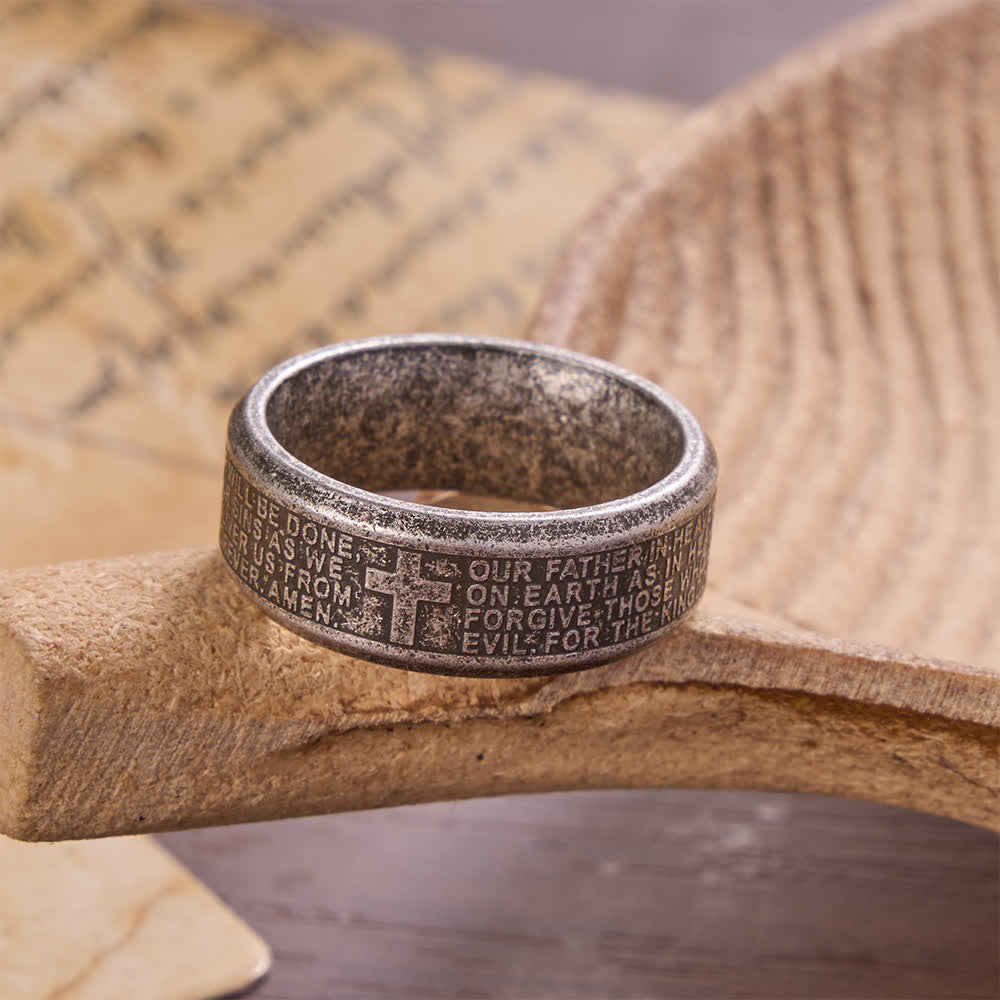 FREE Today: Deep Engraved Cross Lord’s Prayer Stainless Steel Wide Band Ring: Emblem of Abiding Heavenly Faith - Antique Silver - US 13 - image 10