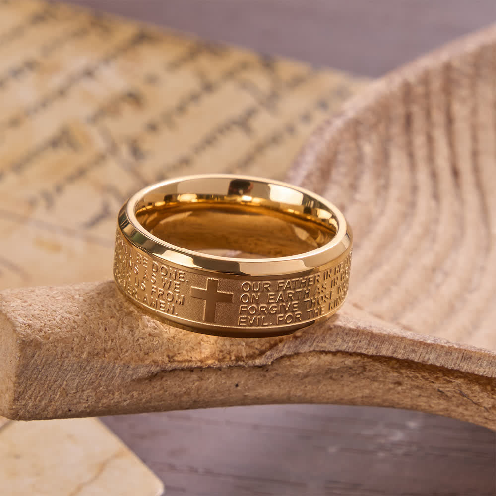 Christianartworkshop Deep Engraved Cross Lord’s Prayer Stainless Steel Wide Band Ring: Emblem of Abiding Heavenly Faith - Golden - US 13 - image 5