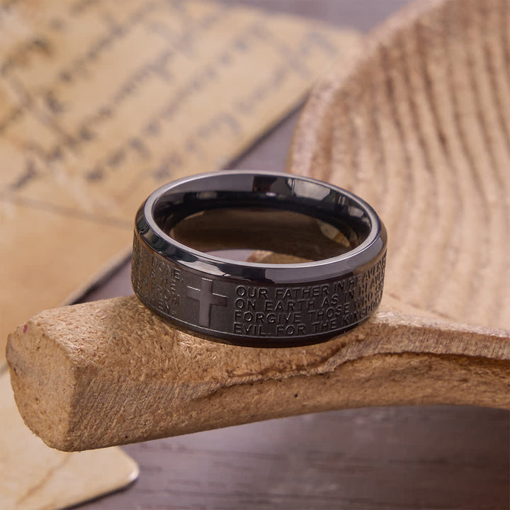 Christianartworkshop Deep Engraved Cross Lord’s Prayer Stainless Steel Wide Band Ring: Emblem of Abiding Heavenly Faith - Black - US 13 - image 8