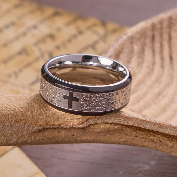 Christianartworkshop Deep Engraved Cross Lord’s Prayer Stainless Steel Wide Band Ring: Emblem of Abiding Heavenly Faith - Silver & Black - US 13 - image 9