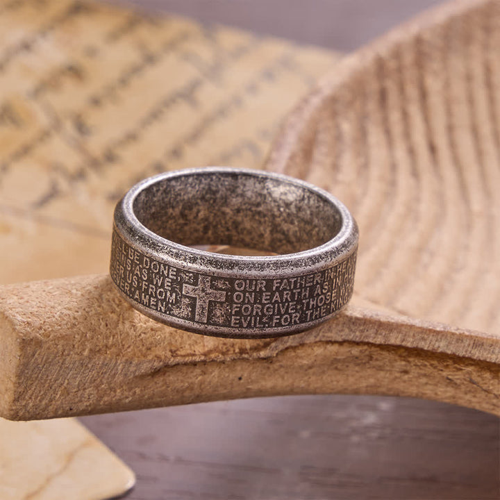 Christianartworkshop Deep Engraved Cross Lord’s Prayer Stainless Steel Wide Band Ring: Emblem of Abiding Heavenly Faith - Antique Silver - US 13 - image 10